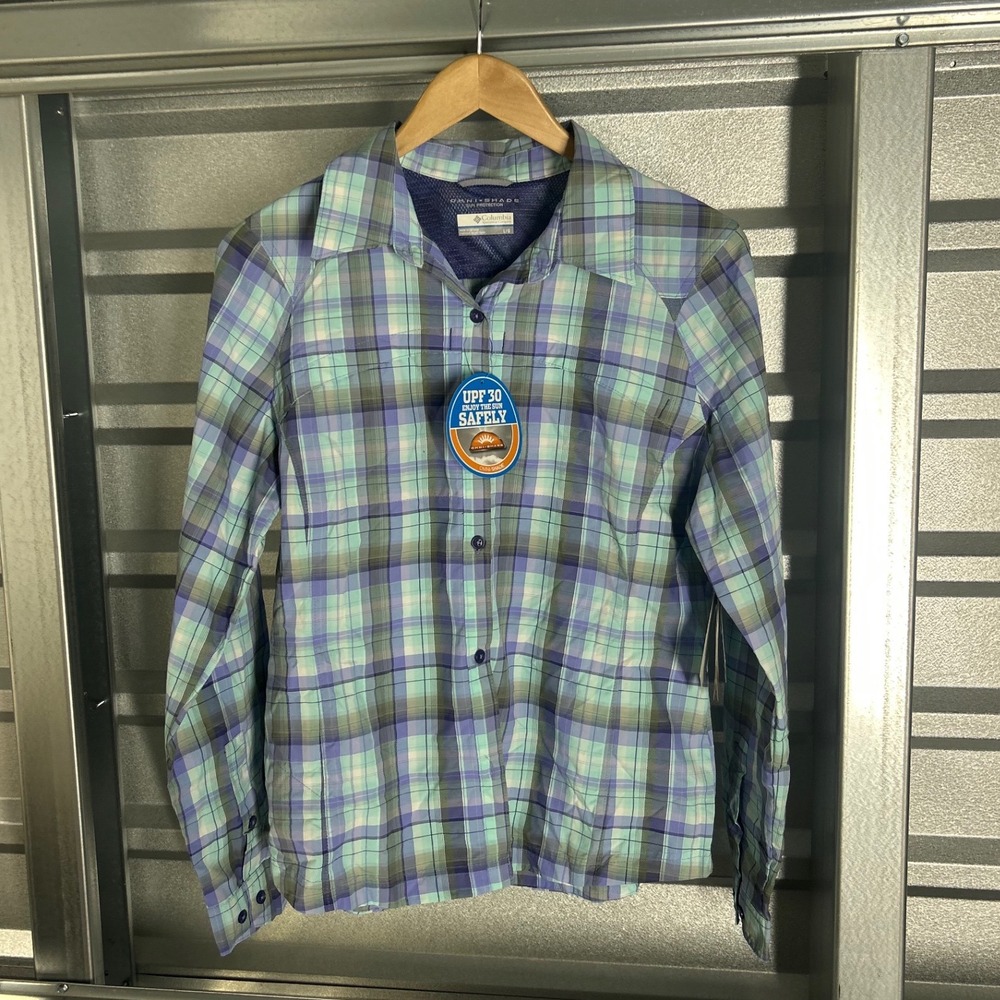 NEW Columbia Silver Ridge Plaid Shirt Womens L Blue Hiking Outdoor UPF 30 Shirt
